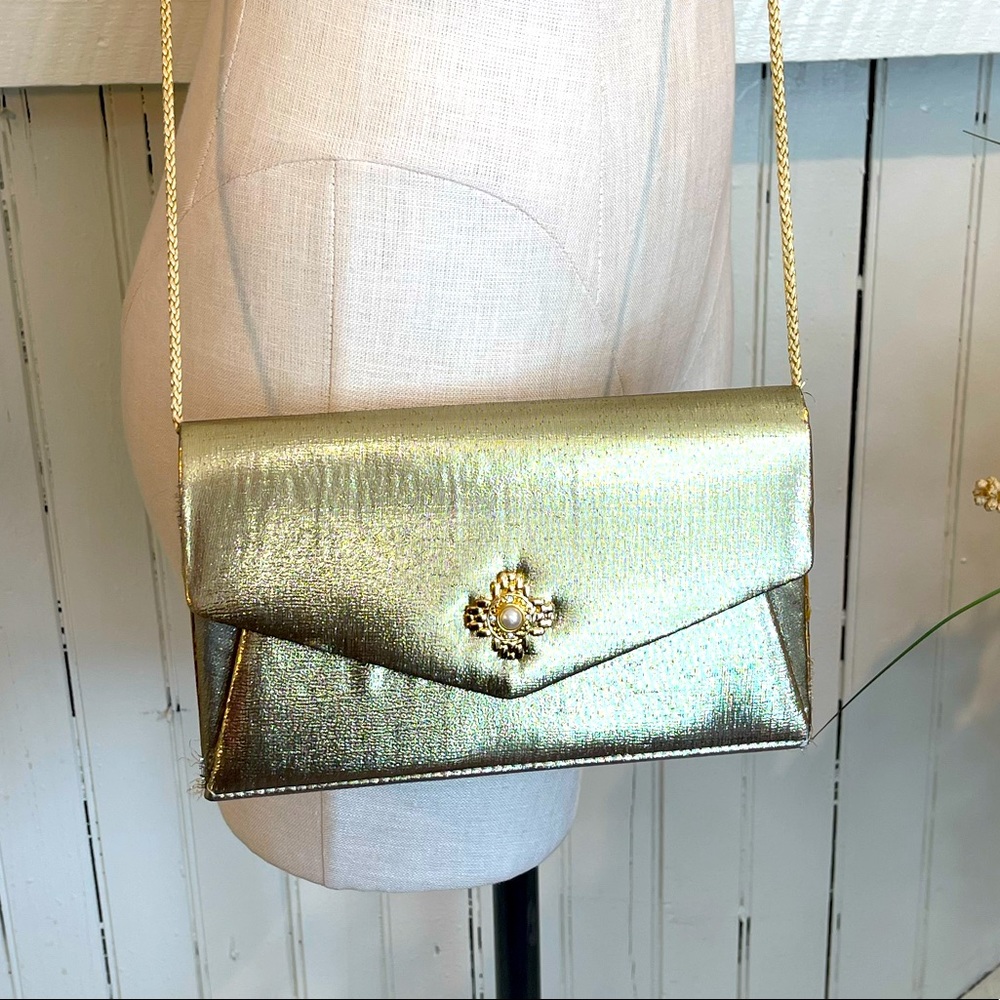 Vintage Carolyn Barton exquisite gold evening bag with crossbody straps